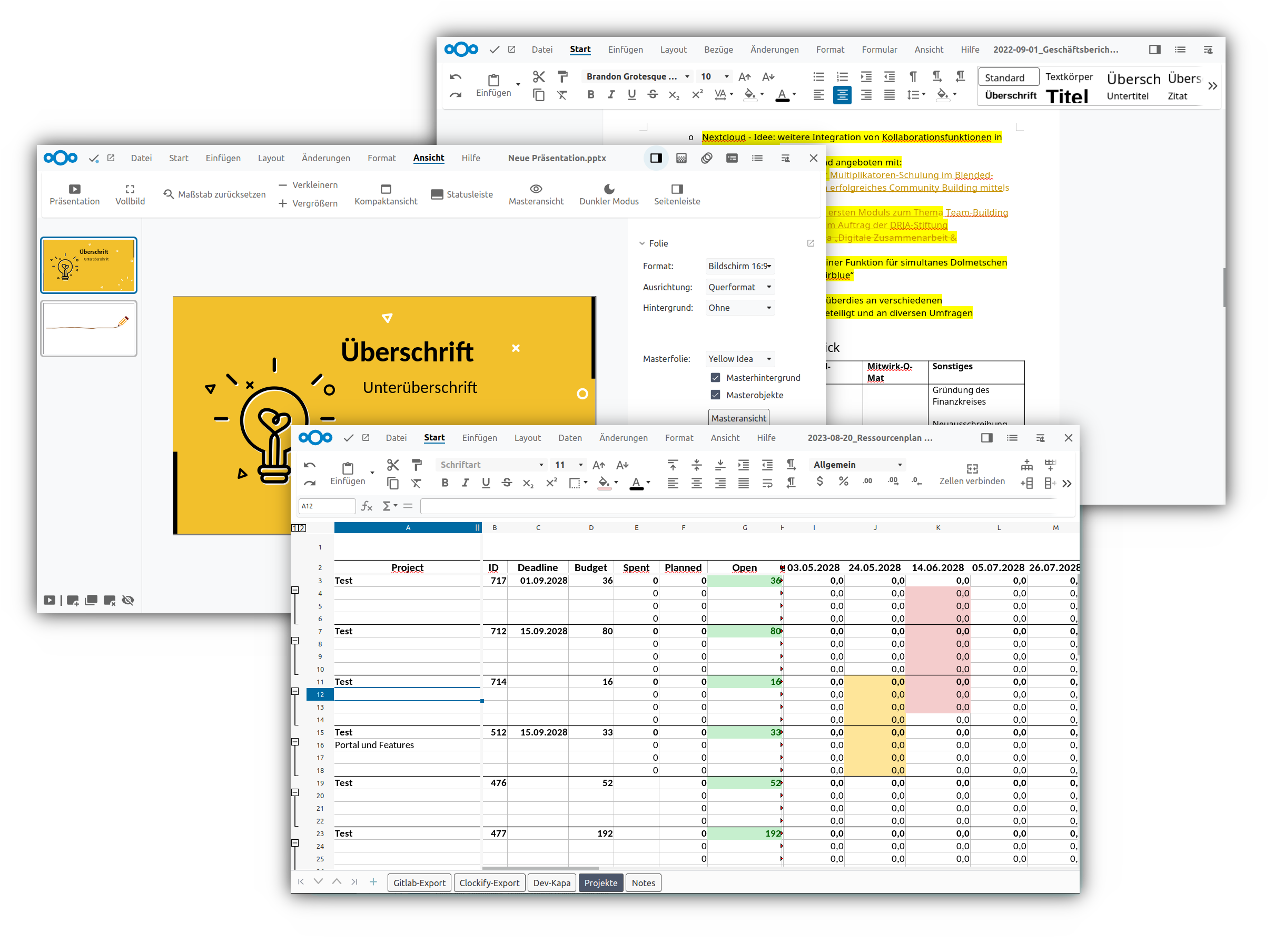 Screenshots from Collabora Writer, Collabora Impress and Collabora Calc over another